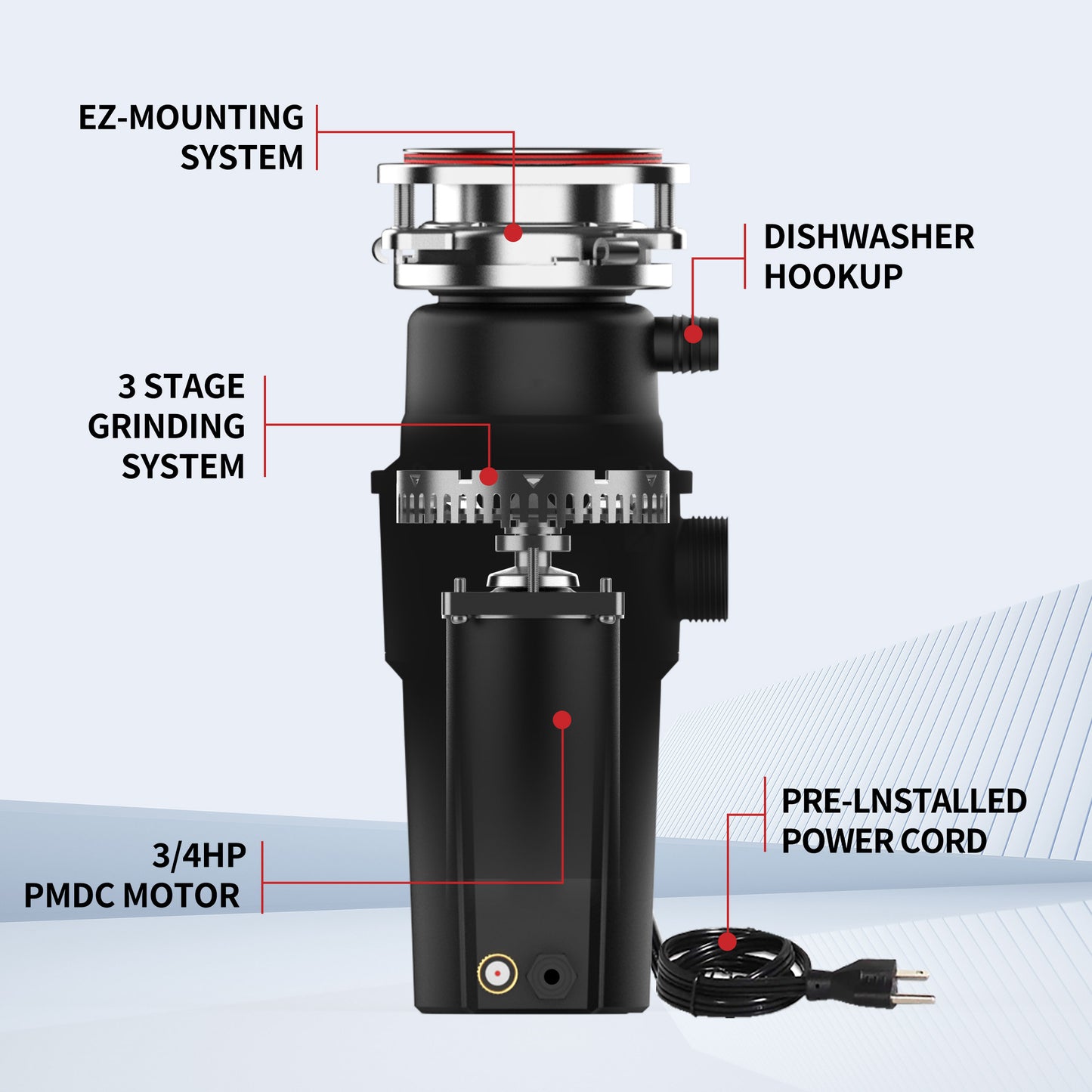 Jiemei 1/2 3/4 1 HP Stainless Steel Continuous Feed Electric Kitchen Food Waste Disposer -JMD-75 Series